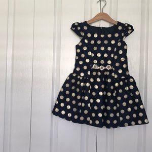Metallic gold polkadot and navy party dress